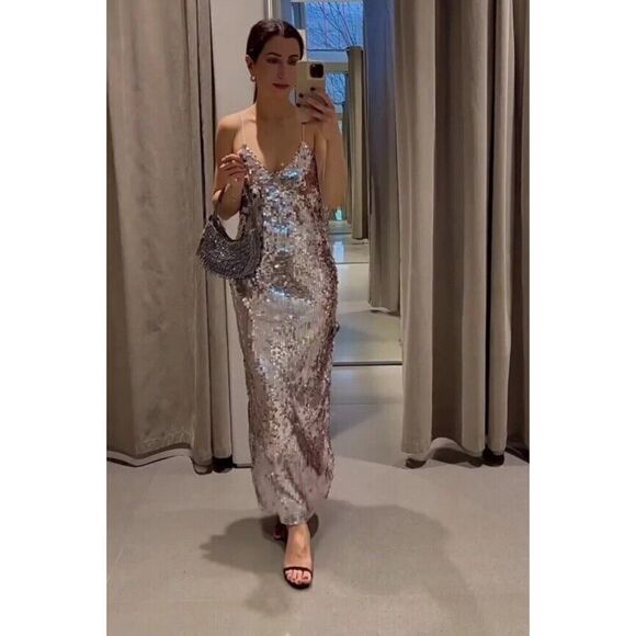 ZARA Dress XS Silver Strappy Sequin Midi Party 9373/567 Prom V-Neck Sparkle - Picture 3 of 16